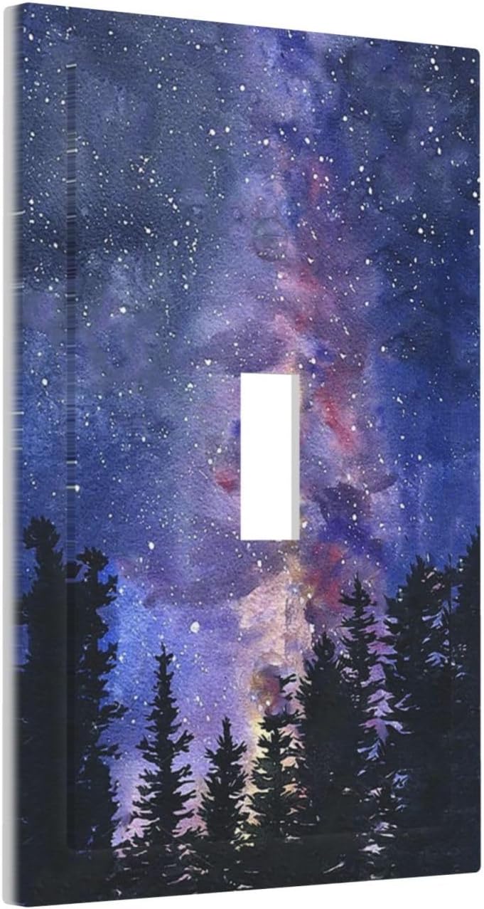 Decorative Light Switch Cover Dream Milky Way Starry Forest Pine Watercolor Painting 1 Gang Single Toggle Decorator Outlet Wall Plate Device Electrical Faceplate Switchplates for Bedroom Home Decor