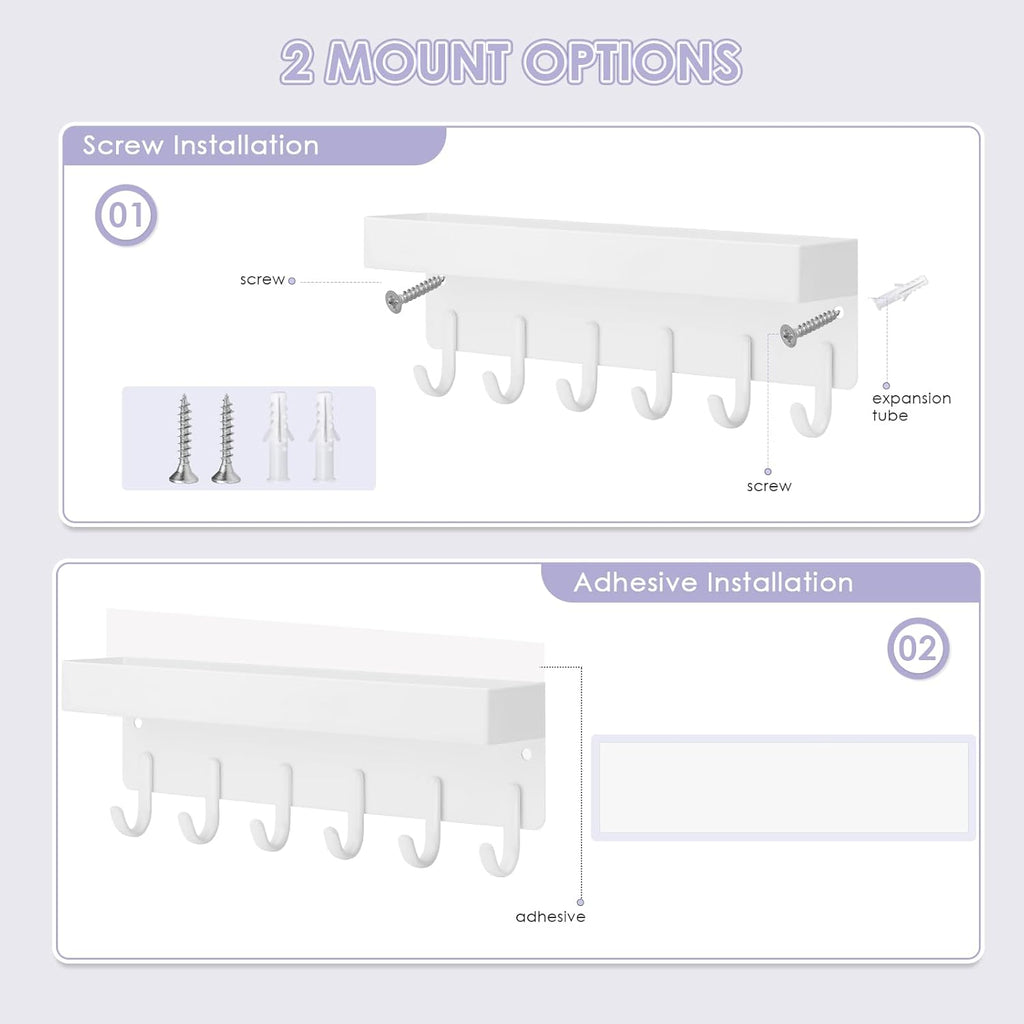 VIS'V Key Holder Wall Mount, Compact Adhesive Key Rack with Tray, 6 Hooks, 2 Mount Options, White