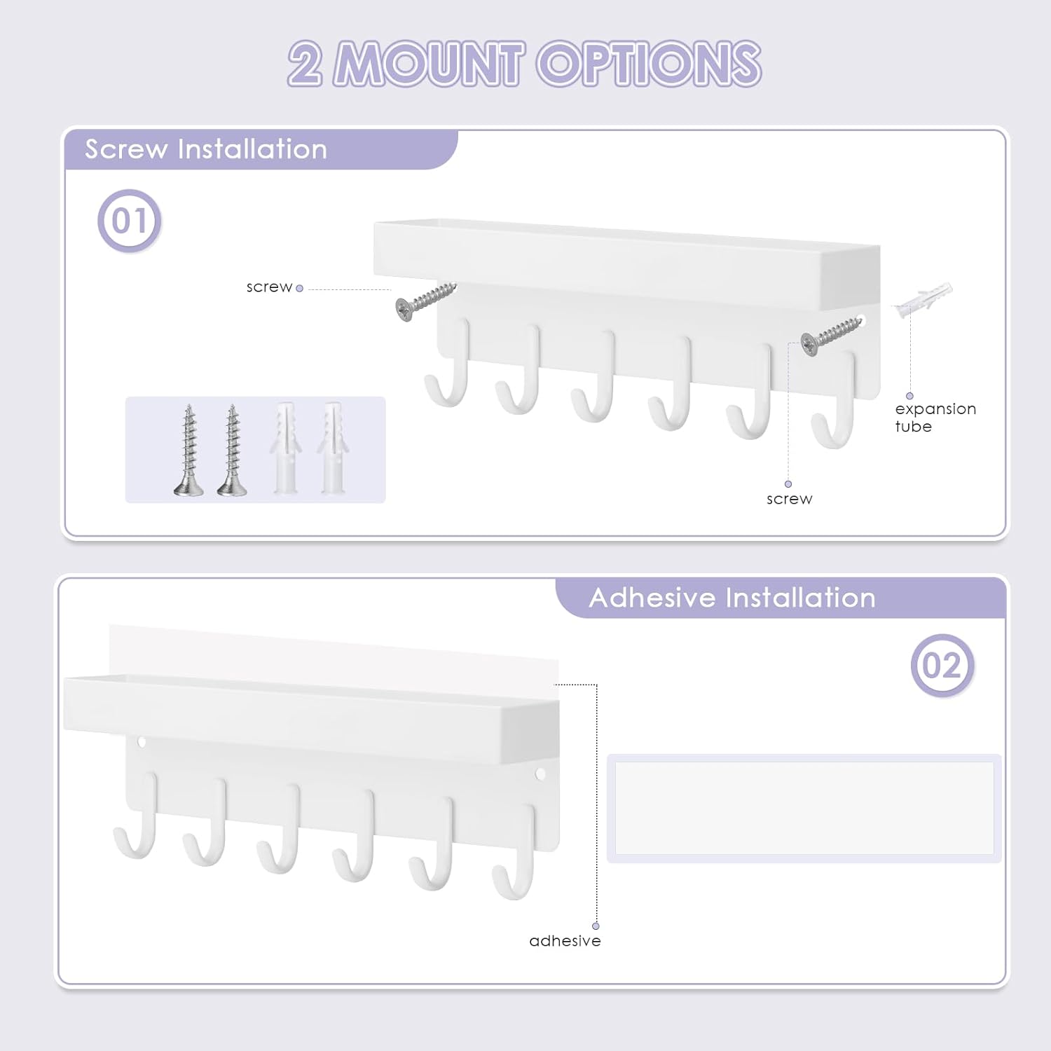 VIS'V Key Holder Wall Mount, Compact Adhesive Key Rack with Tray, 6 Hooks, 2 Mount Options, White