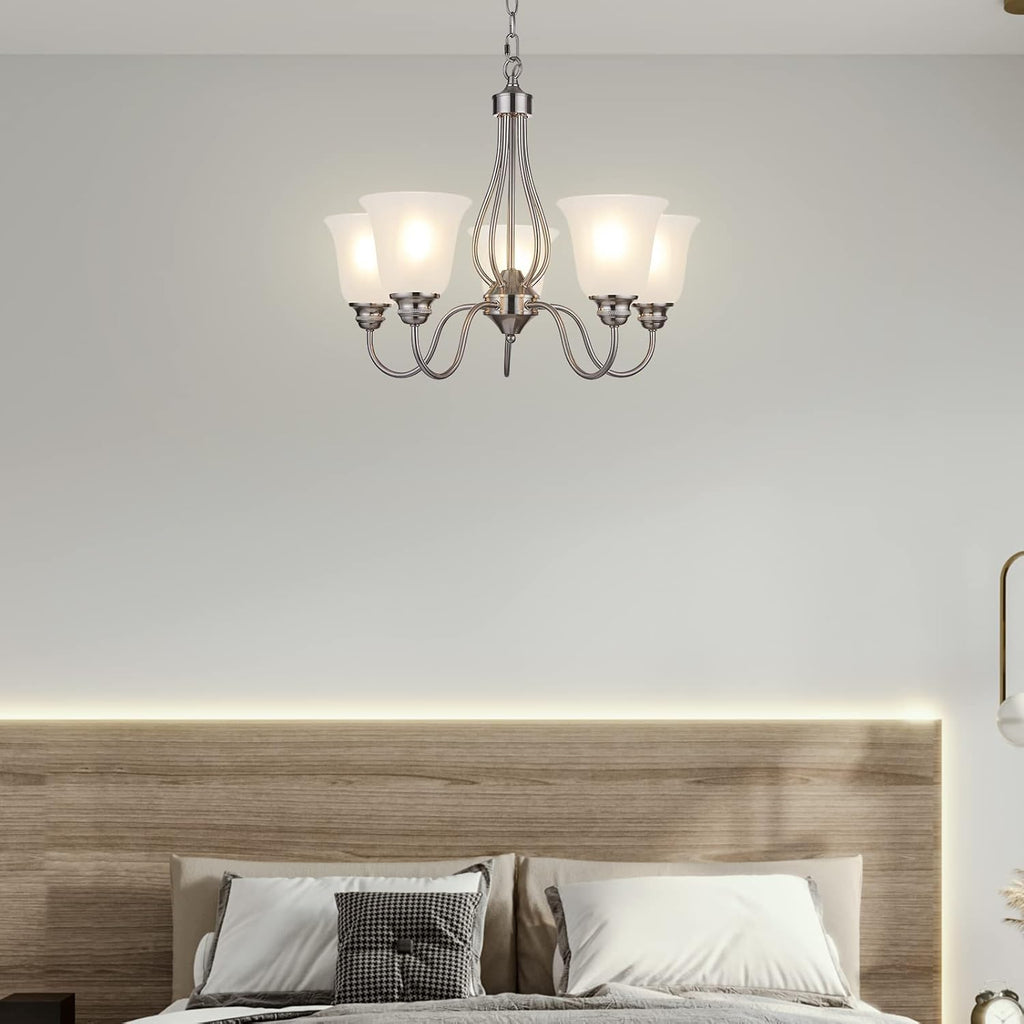 Doraimi Lighting 5 Light Chandelier with Brushed Nickel Finish, Classic Style Ceiling Light Fixture with Frosted Glass Shade for Meeting Room Dining Room Living Room Corridor, LED Bulb(not Include)