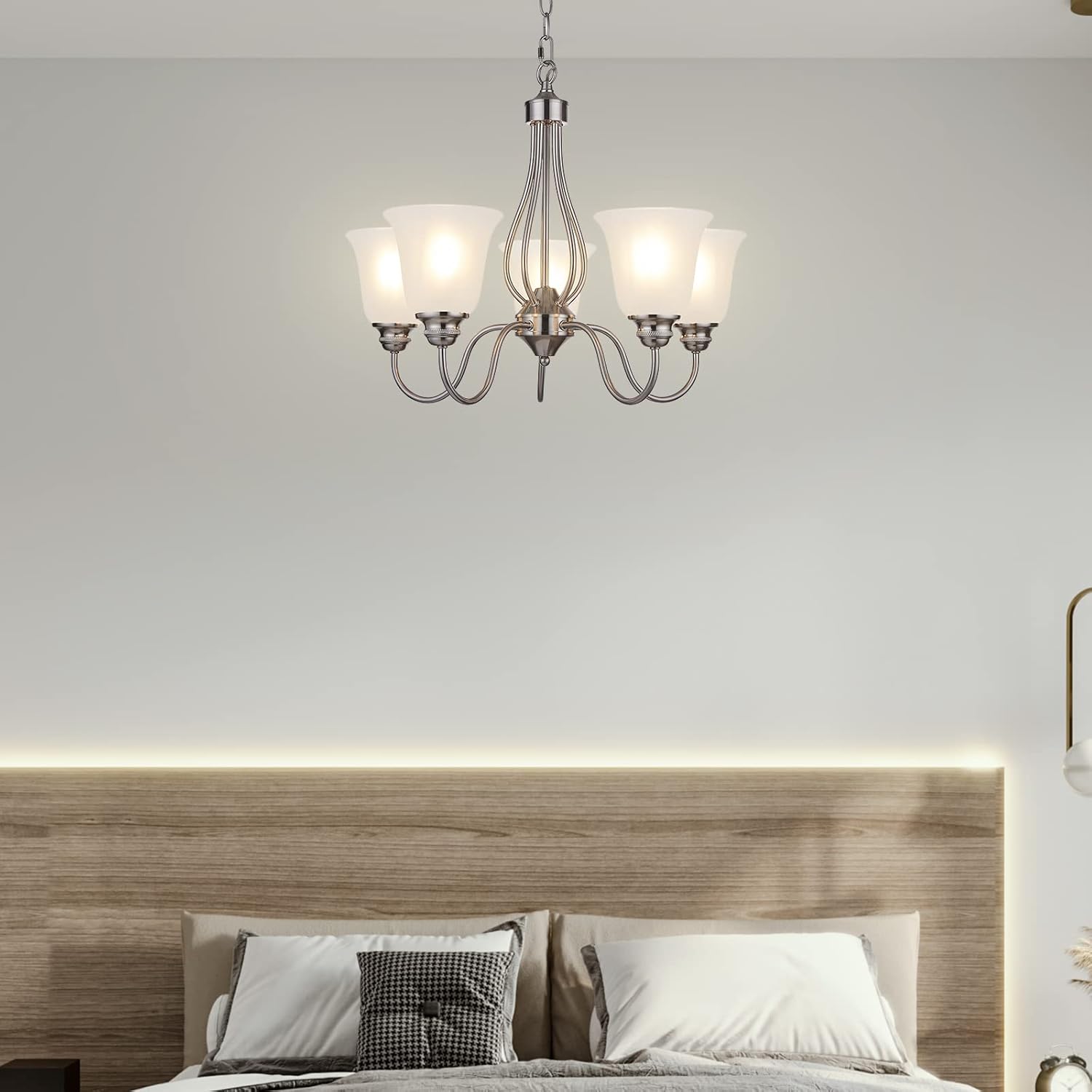 Doraimi Lighting 5 Light Chandelier with Brushed Nickel Finish, Classic Style Ceiling Light Fixture with Frosted Glass Shade for Meeting Room Dining Room Living Room Corridor, LED Bulb(not Include)
