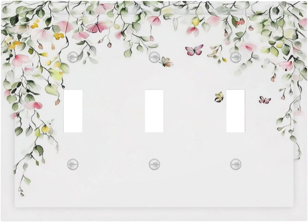 Watercolor Flowers Vine Colorful Butterfly Floral Decorative Switch Plates 3 Gang Wall Plate Triple Toggle Light Switch Cover Faceplate Electrical Wall Panels For Bed Room Living Room Decor