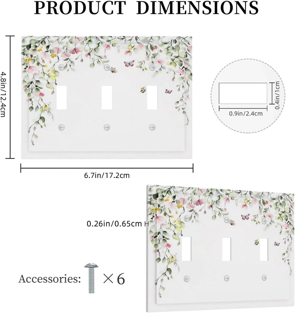 Watercolor Flowers Vine Colorful Butterfly Floral Decorative Switch Plates 3 Gang Wall Plate Triple Toggle Light Switch Cover Faceplate Electrical Wall Panels For Bed Room Living Room Decor