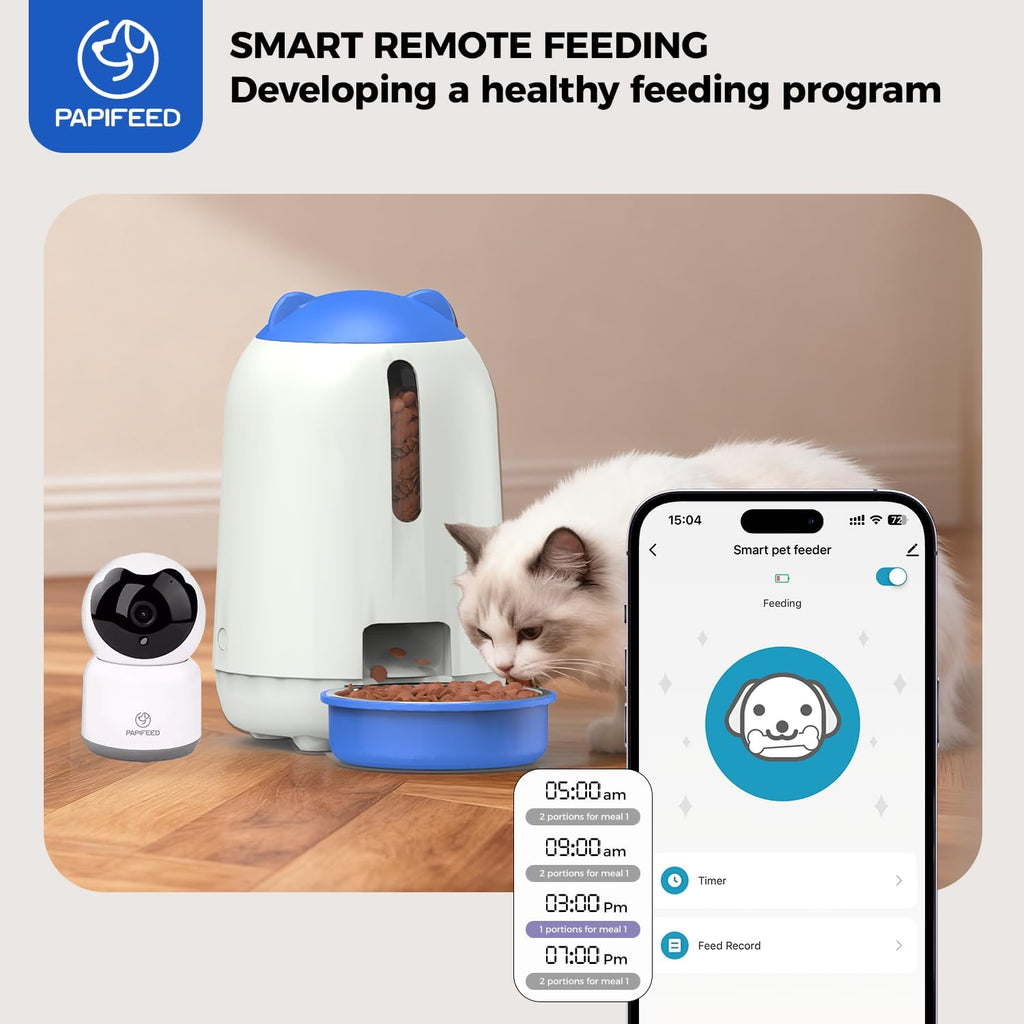 PAPIFEED 3L Automatic Cat Feeder and External Camera, 2.4G WiFi Auto Pet Feeder with App Control and Dual Power Supply, 1080P HD Video with Enhanced IR Night Vision, Two-Way Voice Call Camera, Blue