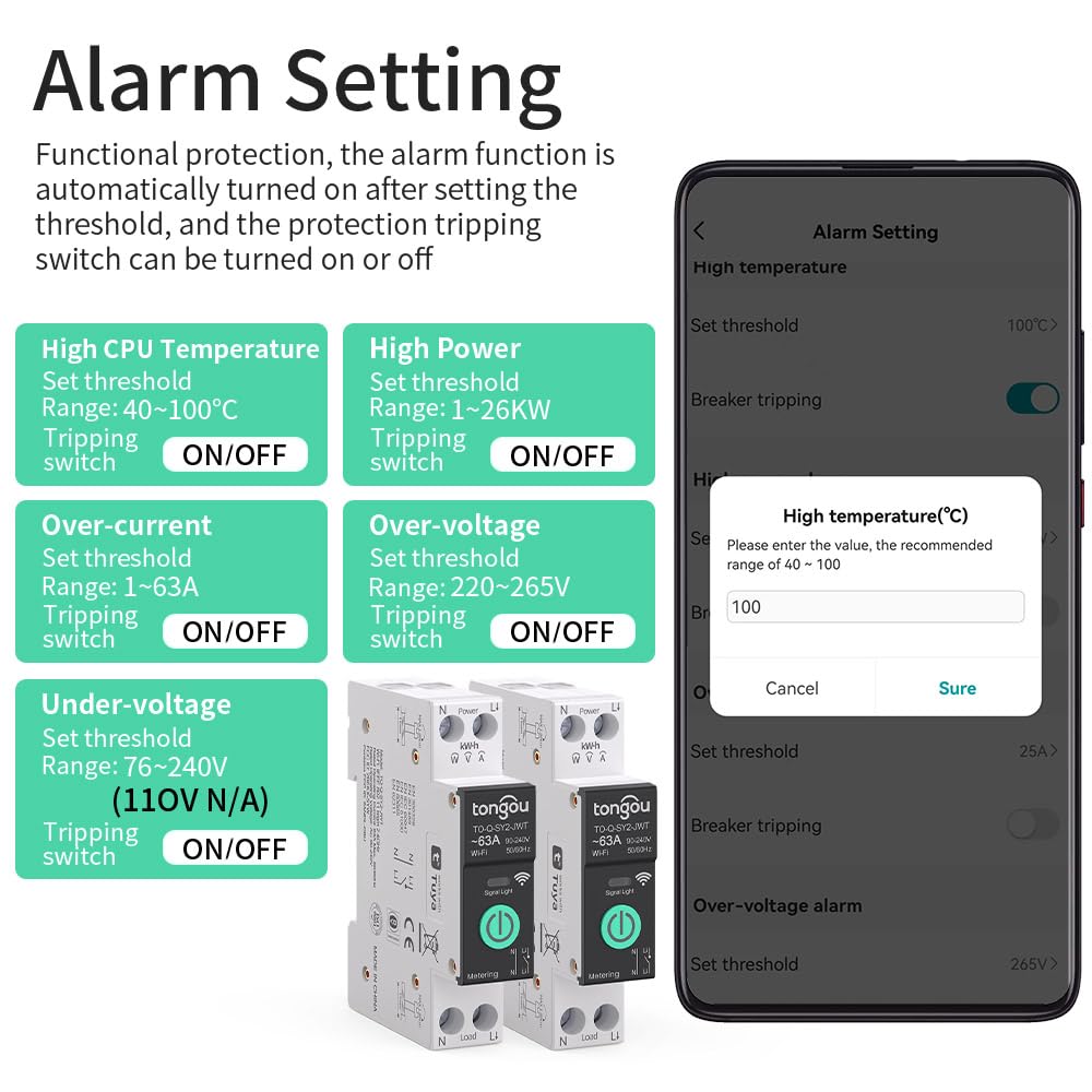 Smart Home DIN Rail WiFi Switch, 1P+N 1‑63A, Over-Current Protection, Tuya/Smart Life Remote Control, Voice Control via Alexa &Google Assistant, Energy Monitor, Timer Functions, FCC Certified