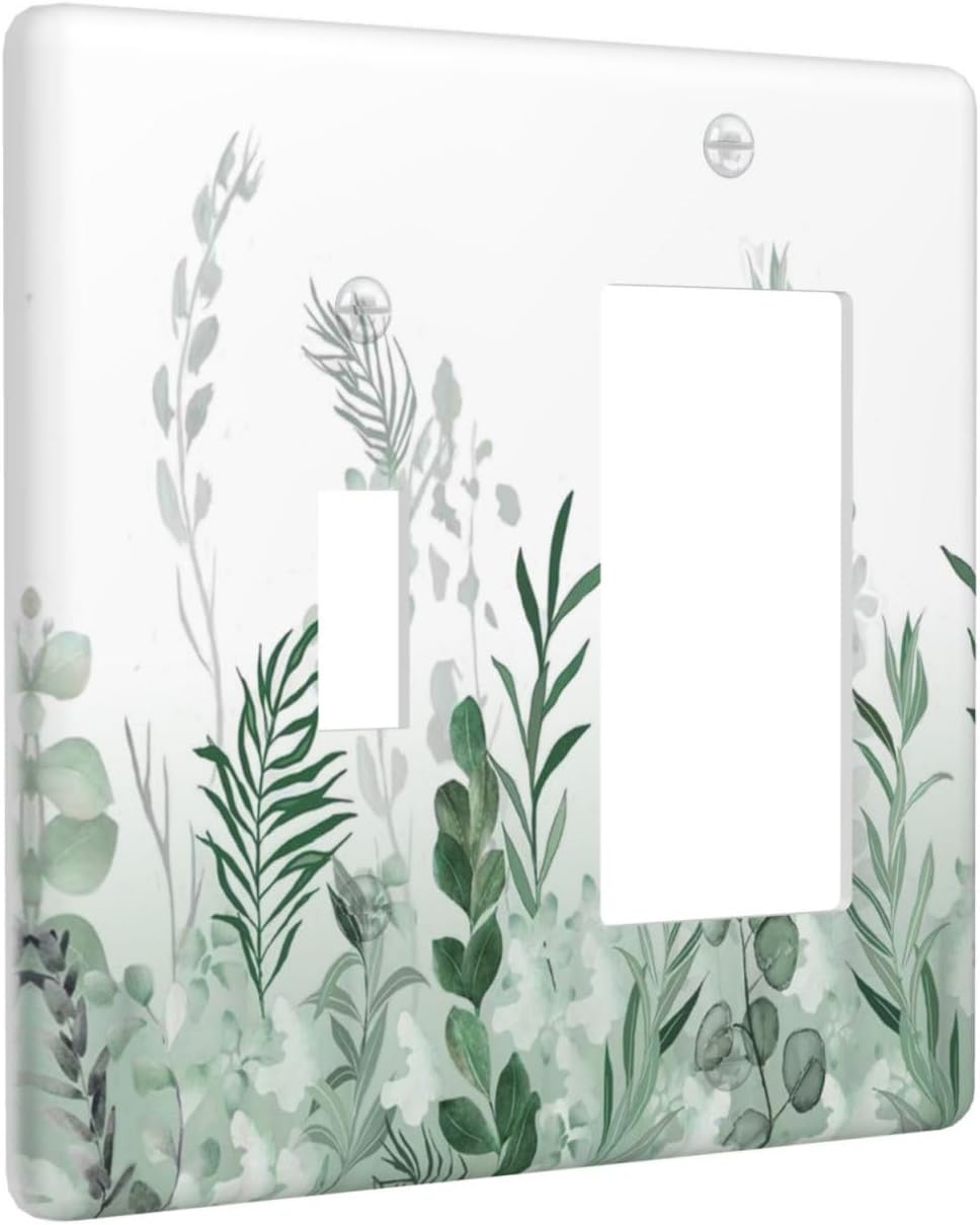 Watercolor Green Leaf Rustic Plant Eucalyptus Flowers Outlet Covers 1 Toggle 1 Rocker Combination Decorative Wall Plate Electrical Switch Plates Light Switch Cover Plate for Bed Room Living Room Decor