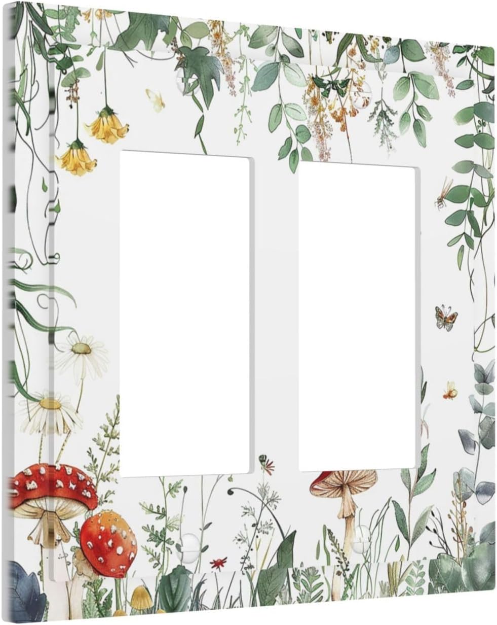 Decorative Outlet Covers Sage Plant Red Mushroom Butterfly Wild Flower 2 Gang Double Gfci Rocker Electrical Wall Panels Light Switch Cover Plate For Bed Room Kids Room Decor