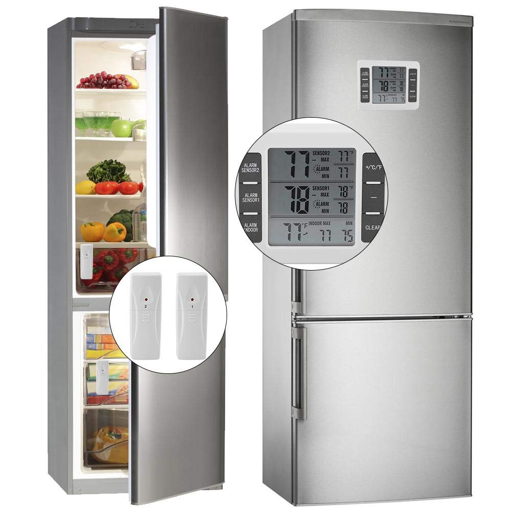 Fridge Thermometer, Digital Refrigerator Freezer Thermometer Monitor with 2 Sensors with Audible Alarm, for Indoor and Outdoor Use, Easy to Read LCD Display
