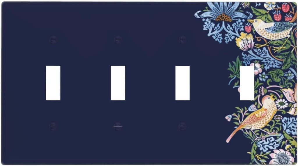 Decorative Light Switch Cover Plate Vintage Blue Morris Strawberry Thief Bird Flower 4 Gang Wall Plate Oversized Quad Toggle Switch Cover Plate Jumbo Faceplate