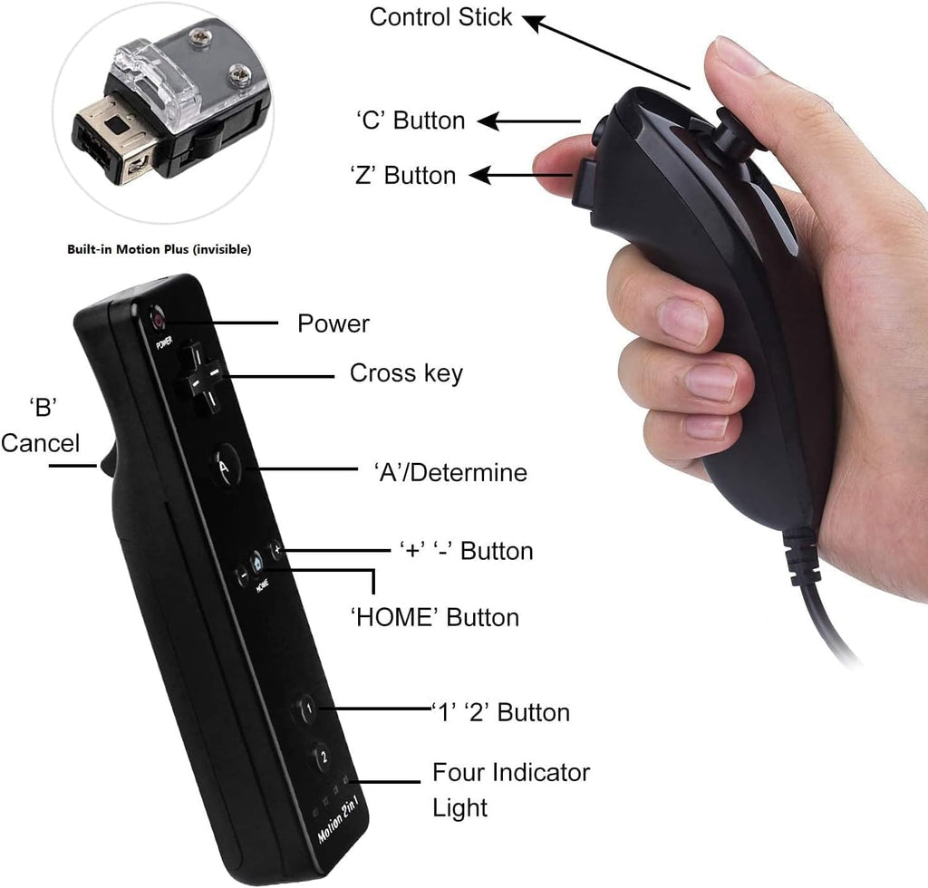TechKen Motion Plus Wii Controllers 2Packs with Nunchucks, Wii Remote Controllers Compatible for wii and Wii U with Built in Motion Plus