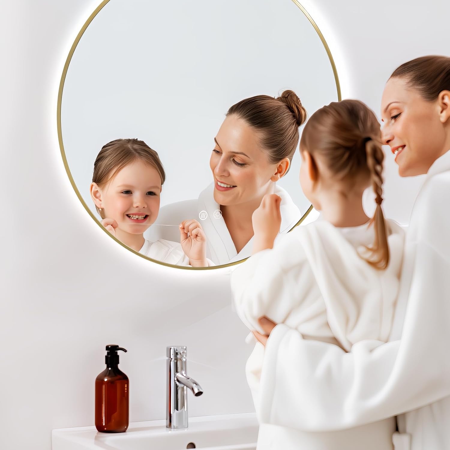 Niccy Round Led Mirror for Bathroom, 32" Backlit Mirrors for Wall Circle Lighted Mirror with Old Gold Frame Anti-Fog, 3 Colors, HD Glass and IP65 Waterproof