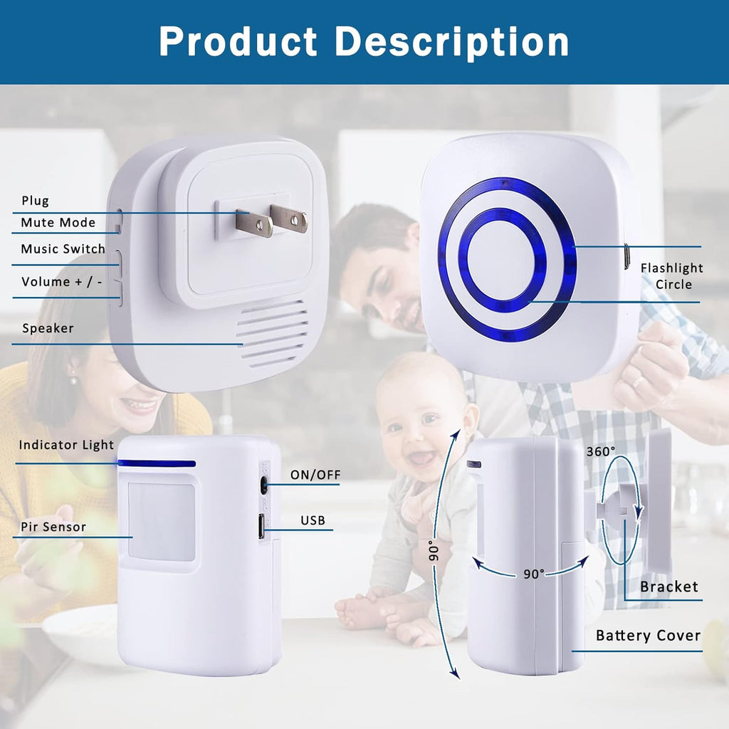 Motion Sensor Alarm - Seanme Wireless Driveway Alarm 100m Long Distance Signal Transmission, Home Security Alarm System Motion Sensor Doorbell with 38 Chime Tunes (1 reciver and 2 Sensor)