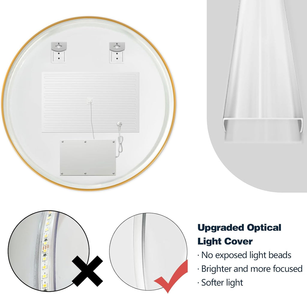 Niccy Round Led Mirror for Bathroom, 28" Backlit Mirror for Wall Circle Lighted Mirror with Gold Frame Anti-Fog, 3 Colors, HD Glass and IP65 Waterproof