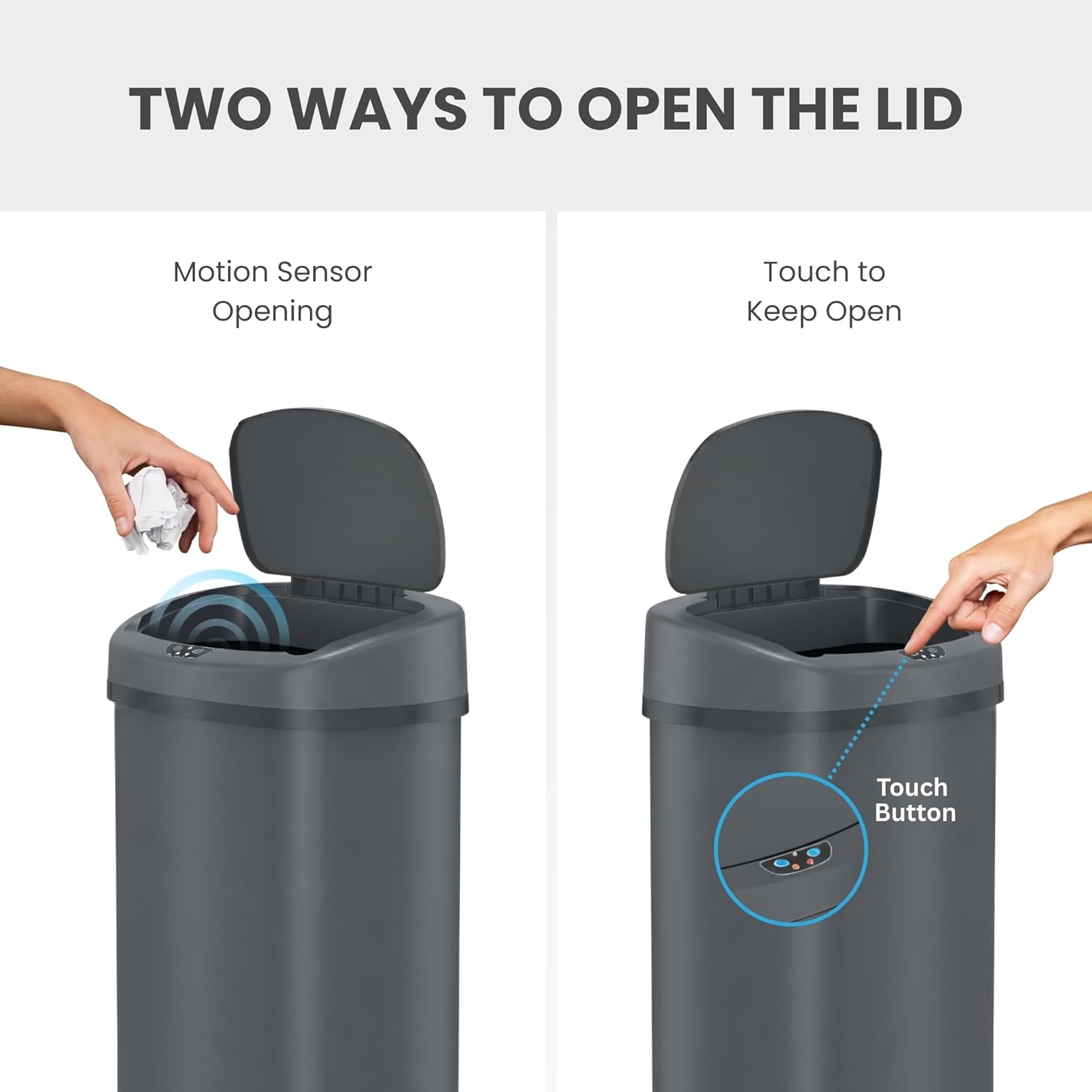 SensorCan 13 Gallon Automatic Sensor Trash Can with Lid, AC Adapter Included, AbsorbX Odor Control, Gunmetal Gray Stainless Steel Kitchen Garbage Bin, Fingerprint-Proof, Hands-Free Operation, Oval