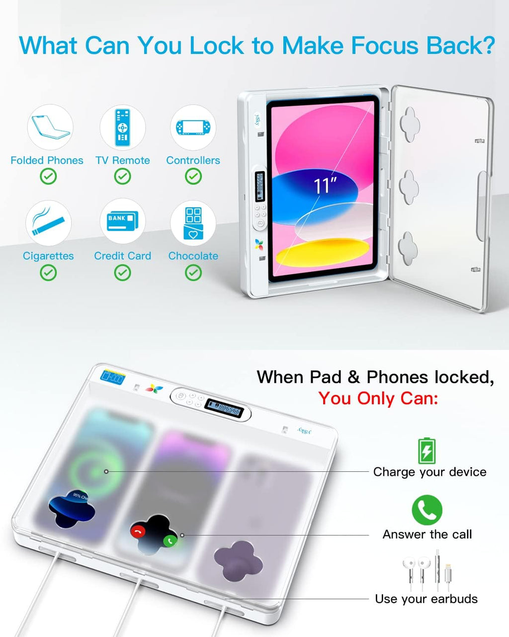 ySky Phone Lock Box with Timer for iPad Under 11inch,Timed Lock Box for iPhone,Tablet,Folded mobiles,Phone Locker for Children to Reduce Screen Time to get focus back