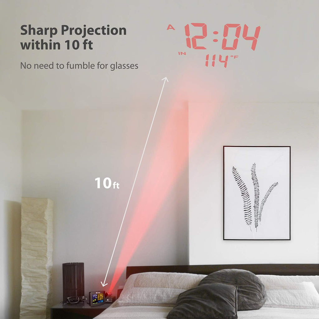 DR.PREPARE Projection Alarm Clock, Indoor Outdoor Temperature Display, Dual Alarms, Snooze, Weather Forecast, Digital Clock Projector for Bedroom