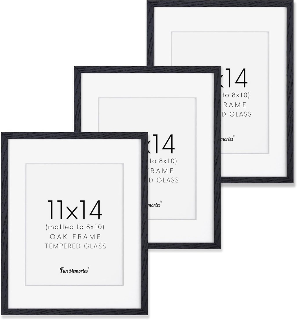 Fun Memories Black Picture Frames 11x14 Set of 3, Light Wood 11 x 14 Frames for Wall, Solid Oak Wood Frame 11 by 14 with Tempered Glass, 11x14 Frame with Mat for 8x10, Black 11x14 Poster Frames