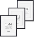 Fun Memories Black Picture Frames 11x14 Set of 3, Light Wood 11 x 14 Frames for Wall, Solid Oak Wood Frame 11 by 14 with Tempered Glass, 11x14 Frame with Mat for 8x10, Black 11x14 Poster Frames