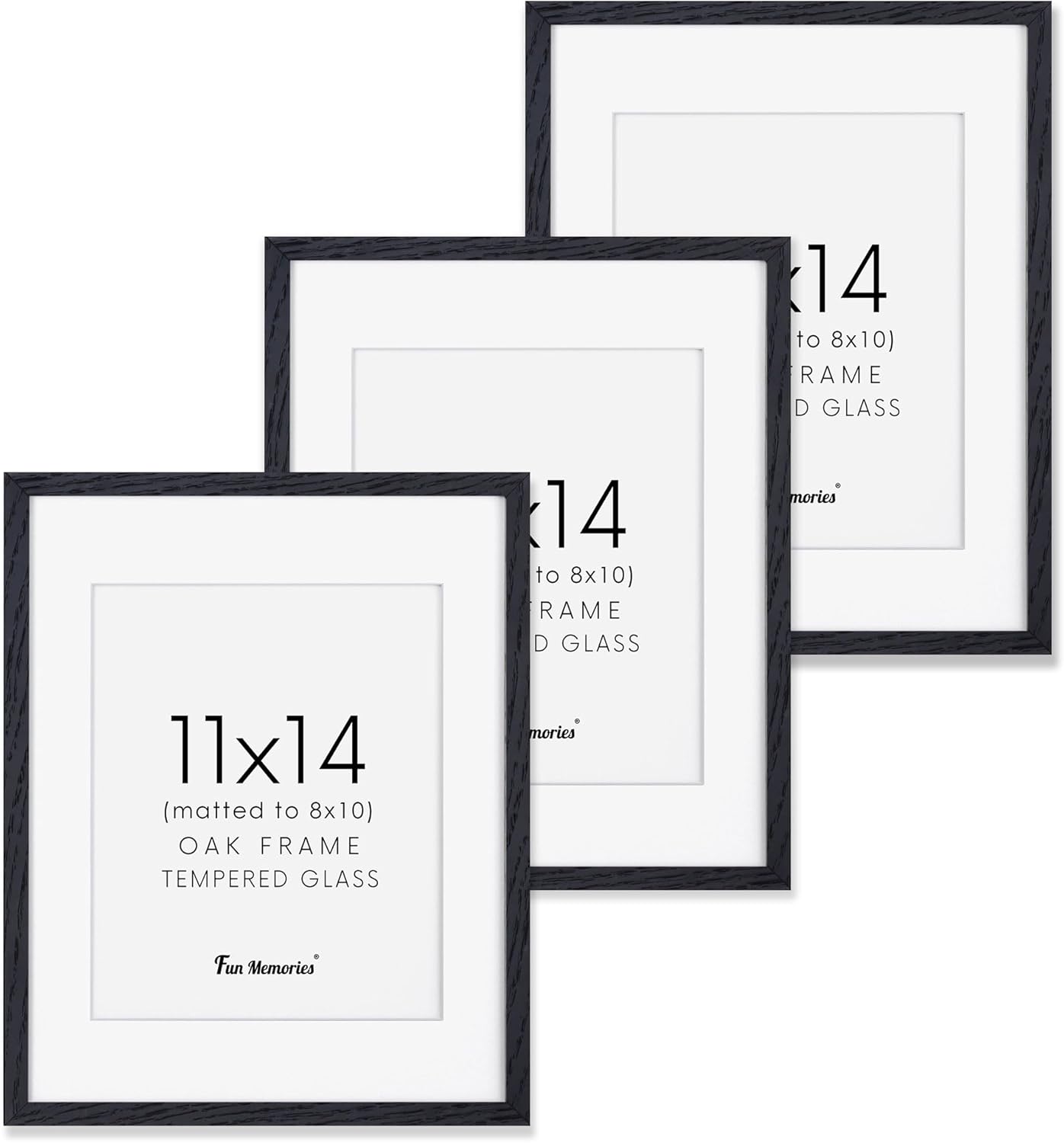 Fun Memories Black Picture Frames 11x14 Set of 3, Light Wood 11 x 14 Frames for Wall, Solid Oak Wood Frame 11 by 14 with Tempered Glass, 11x14 Frame with Mat for 8x10, Black 11x14 Poster Frames