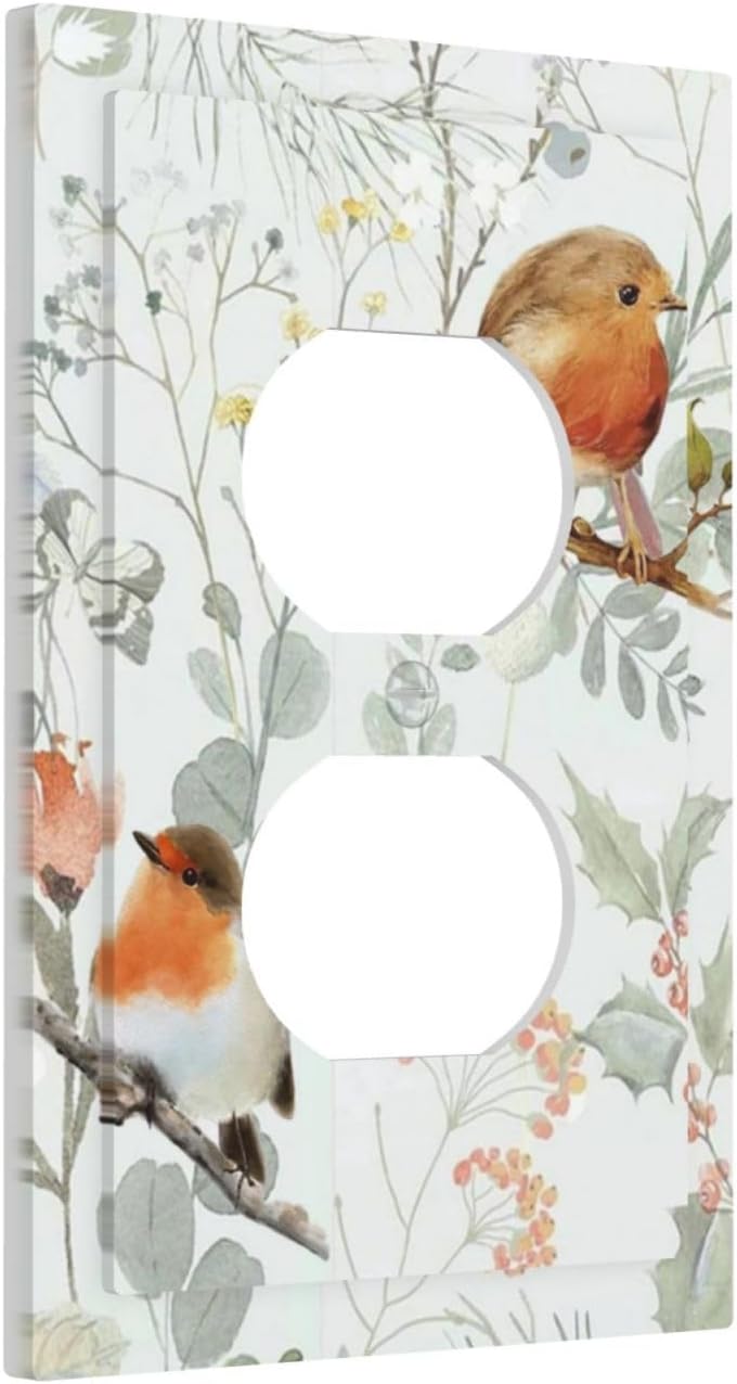 Outlet Covers Red Floral Berries Colorful Bird Plant 1 Gang Duplex Light Switch Cover Decorative Switch Plates Electrical Receptacle Faceplate Wall Plate For Bed Room Living Room Decor