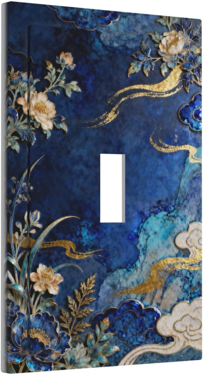 Decorative Light Switch Cover Plate Blue White Flower Gold Line Cloud 1 Gang Single Toggle Wall Plates for Electrical Outlet Covers Switch Plate Covers Faceplate for Bedroom Home Decor