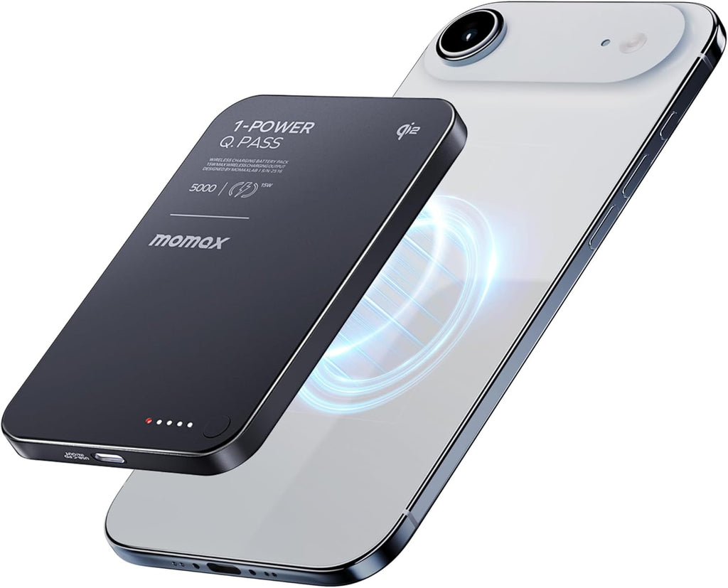 MOMAX Q.Pass Magnetic Power Bank, 5000mAh Slim Portable Charger Qi2 Certified 15W Ultra-Fast Charging Battery Pack for iPhone Air/17 Pro Max/17 Pro/16/15/14/13/12 (No Lighting)