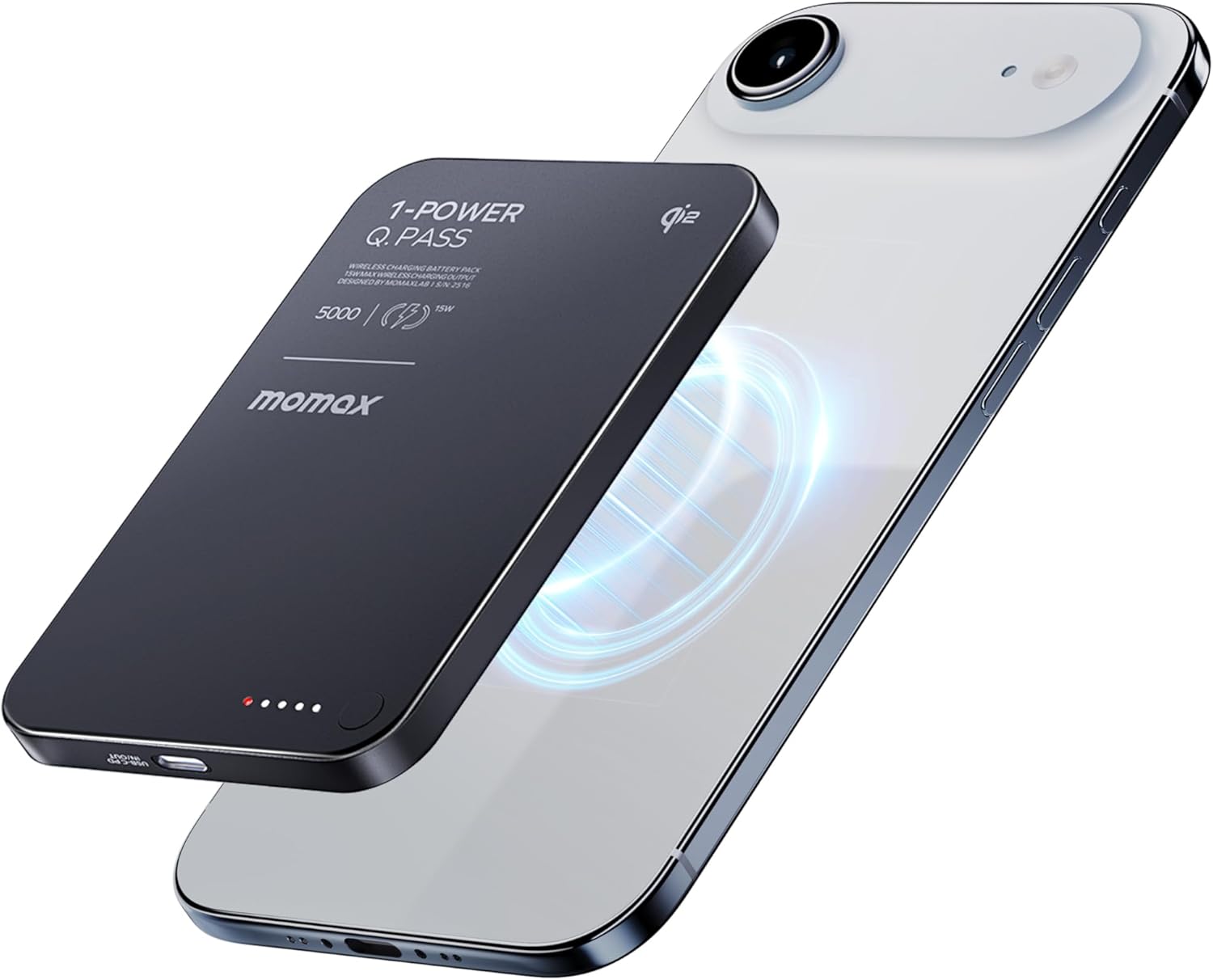 MOMAX Q.Pass Magnetic Power Bank, 5000mAh Slim Portable Charger Qi2 Certified 15W Ultra-Fast Charging Battery Pack for iPhone Air/17 Pro Max/17 Pro/16/15/14/13/12 (No Lighting)
