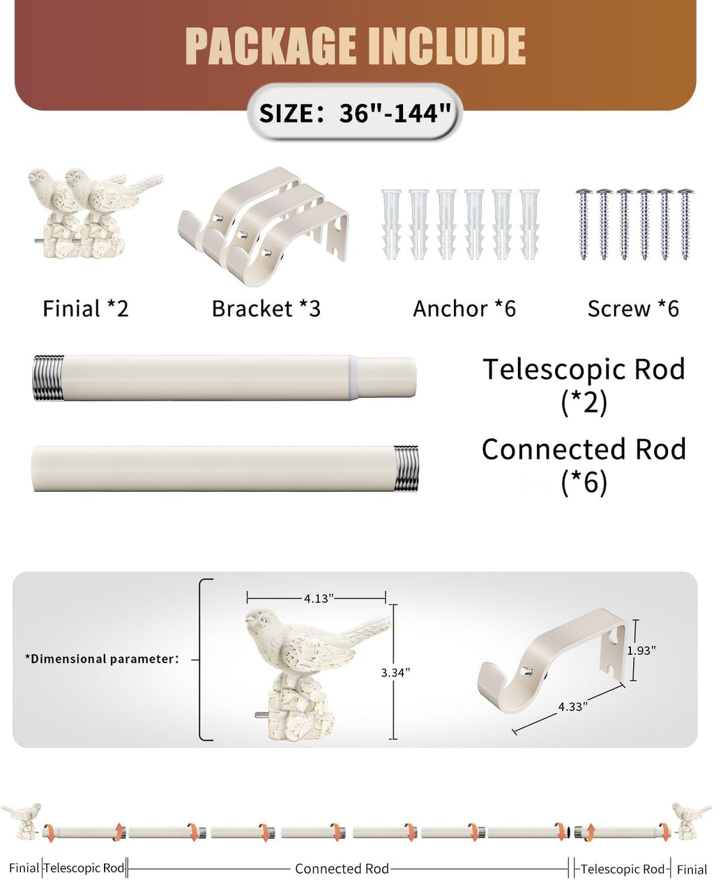 White Curtain Rod 36 to 144 Inches Curtain Rods for Windows Adjustable Heavy Duty Drapery Rod with Bird Finials for Kitchen Window Living Room