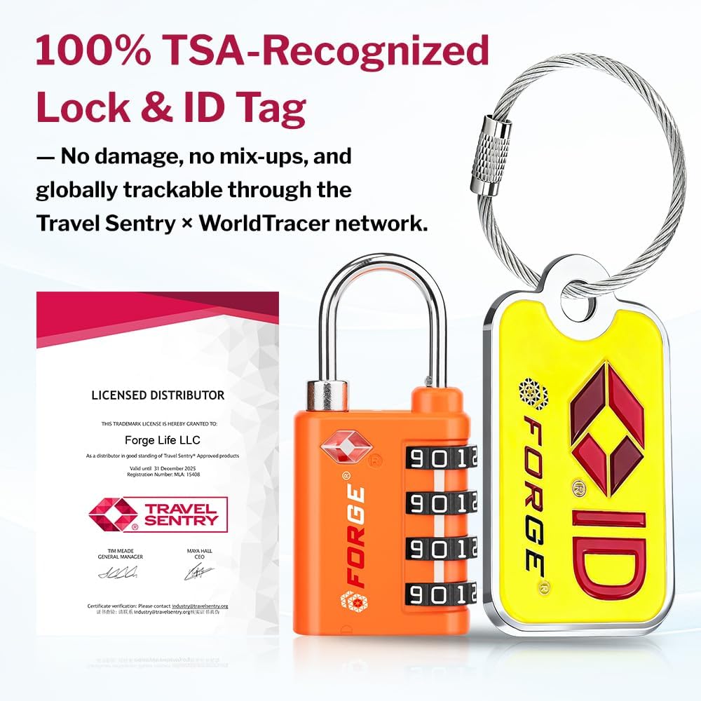 Forge Dual-Opening: Key or Combination Lock, TSA Approved Lock for Luggage, Pelican case, Travel, Gym, School, Luggage Combination Lock, Travel Bag Lock (Orange 2 Locks and 2 ID)
