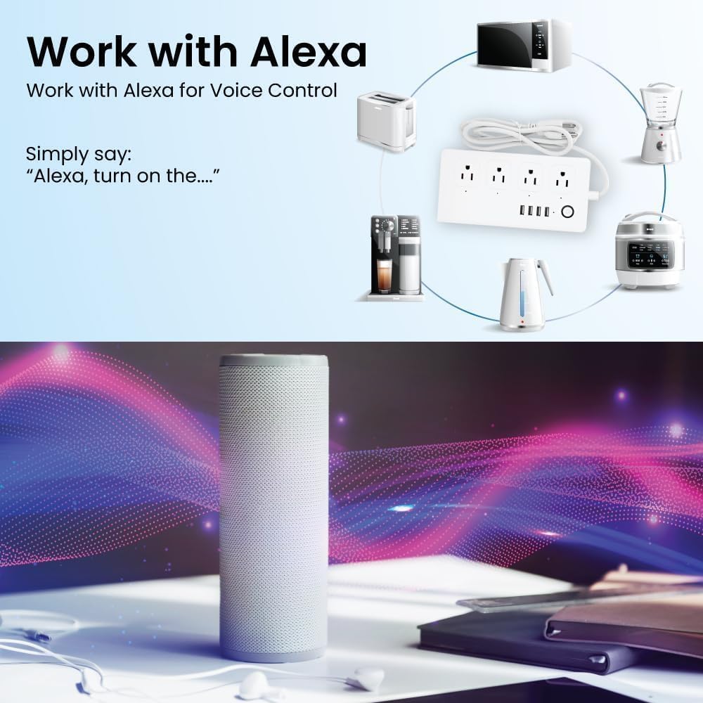 XENON Smart Plug Power Strip，Surge Protector with 4 Individually Controlled Smart Outlets, Voice Control,4 USBs (incl. 20W USB-C), Compatible with Alexa and Google Home,5Ft Extension Cord