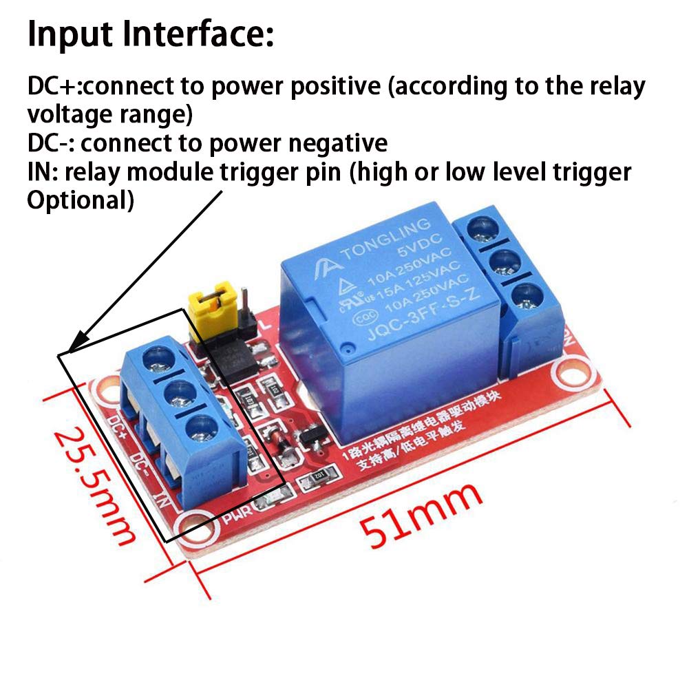 Relay Module with Optocoupler High/Low Level Trigger for Arduino (5, 5V Relay 1 Channel)
