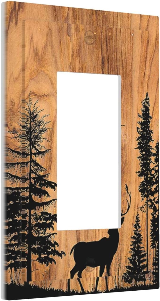 Decorative Outlet Covers Rustic Farmhouse Orange Brown Pine Tree Deer Wood Grain 1 Gang Single Rocker Light Switch Cover Plate Wall Plates GFCI Faceplate for living Room Cabin Decor