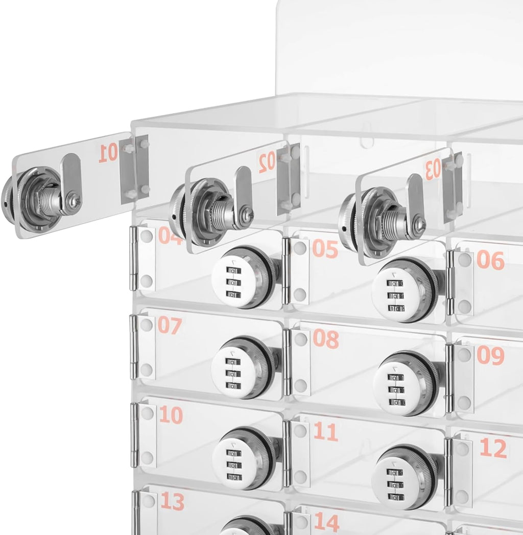 Cell Phone Storage Locker, 15 Slots Acrylic Material with Door Locks and Keys, Wall-Mounted Cabinet Pocket Office Classroom Gym Box, Clear