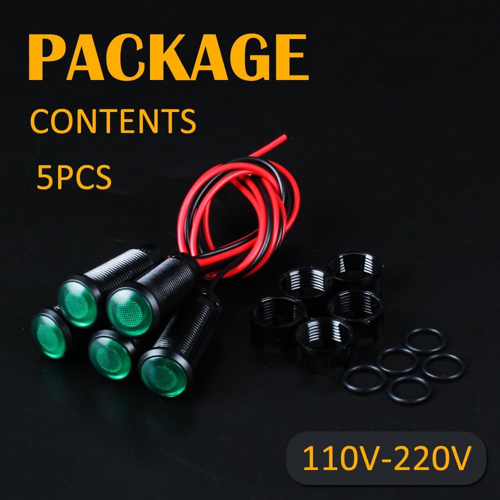 5pcs 10mm LED Indicator Light Plastic Black Signal Dot Lamp 110-220VAC 2/5" Mounting Hole Size with 15cm/5.9in. Wire (Green LED)