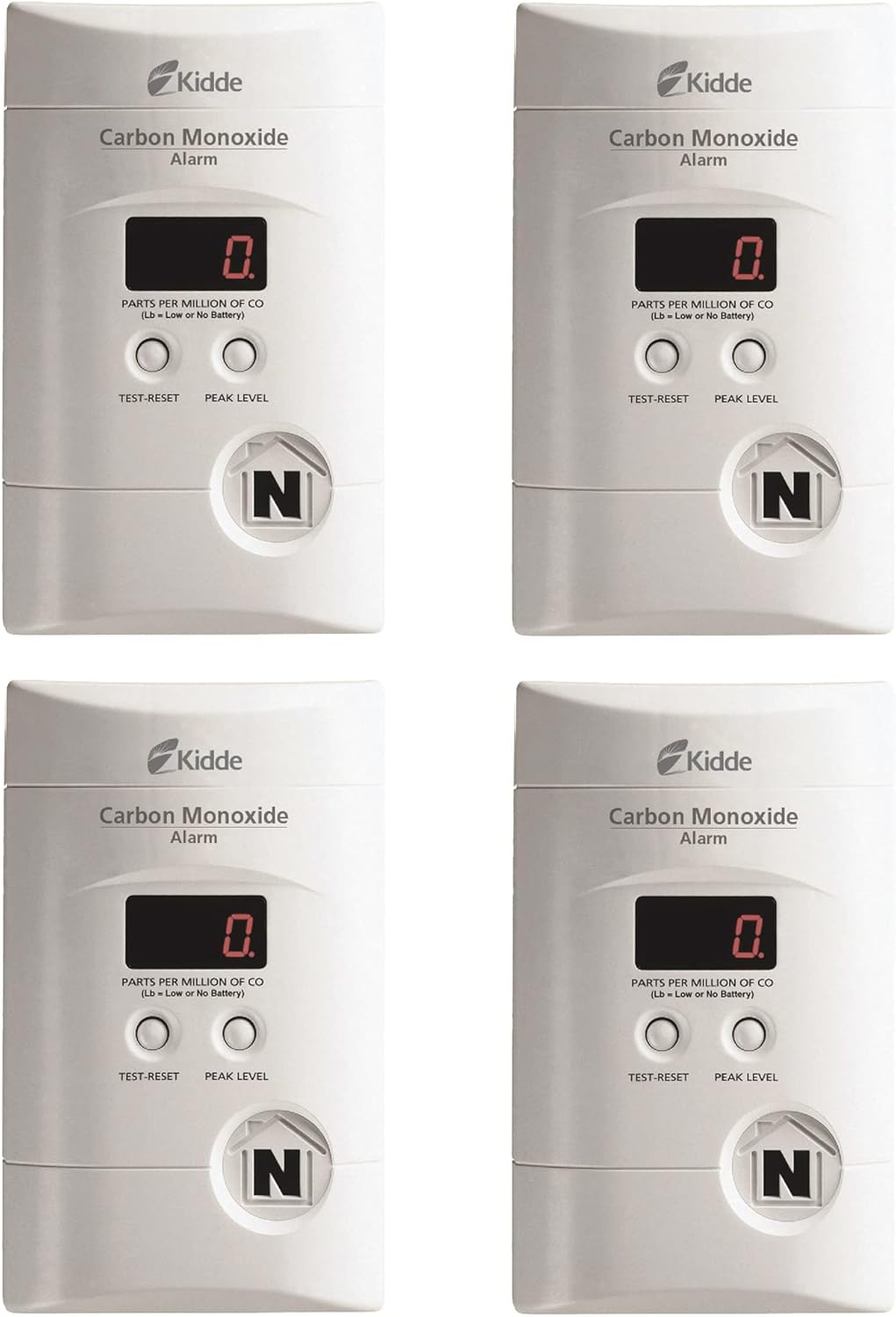 Kidde Carbon Monoxide Detector, Plug In Wall with 9-Volt Battery Backup, Digital LED Display - 4 Pack