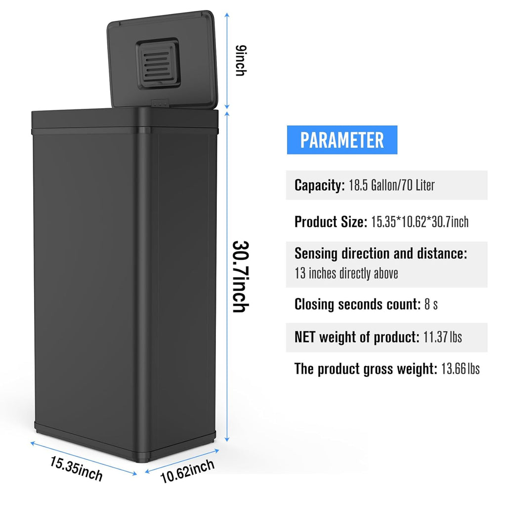 70L / 18.5 Gallon Smart Automatic Trash Can with Deodorizer Compartment, Stainless Steel Body and Mute Sensor Lid for Kitchen Office Living Room and More, Assemble Large Capacity Garbage Can - Black
