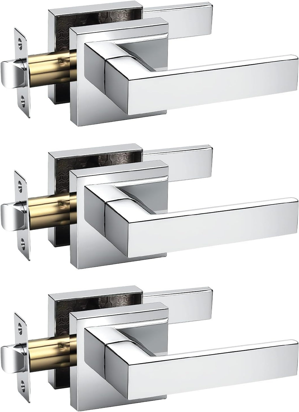 KNOBWELL 3 Pack Interior Door Knob with Lever Hallway Closet Door Handle Polished Chrome‌ Square Passage Handleset