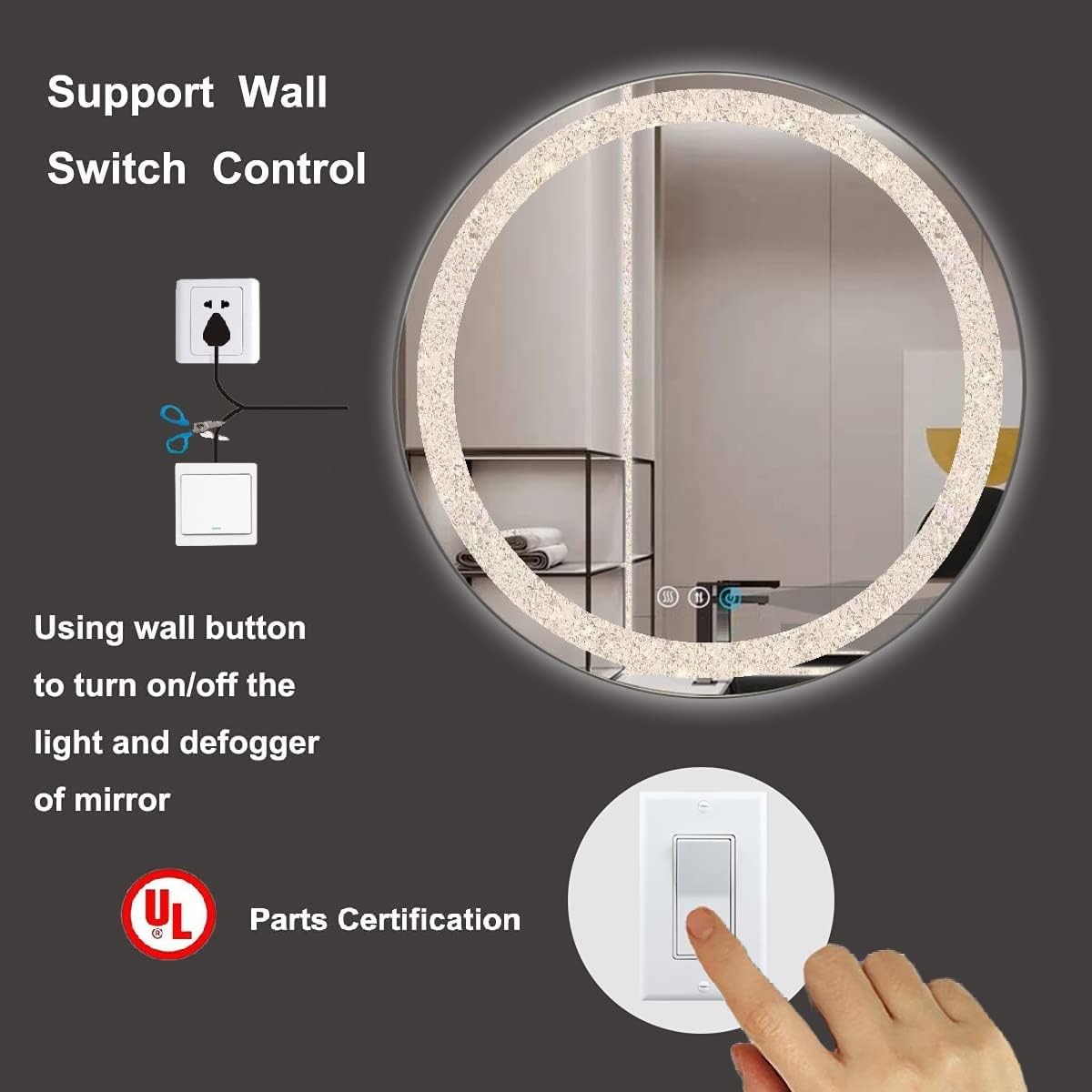 LED Round Crystal Bathroom Mirror - 24 Inch Circle Vanity Mirror with 3 Color Lights