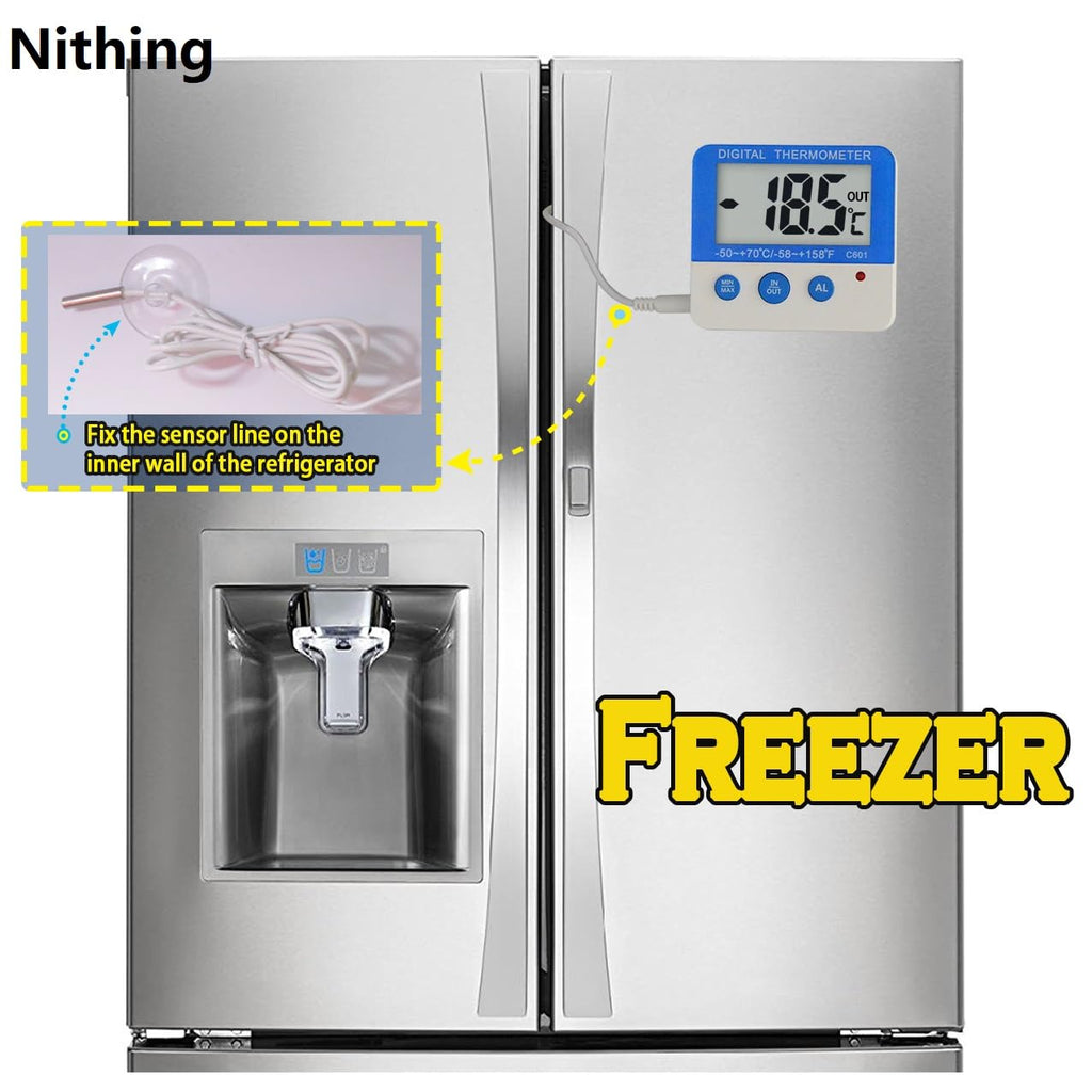 Nithing Fridge Freezer Thermometer Max/Min Memory High & Low Temperature Alarms Settings with LED Indicator Digital Refrigeration Thermometer with Magnetic,Stander
