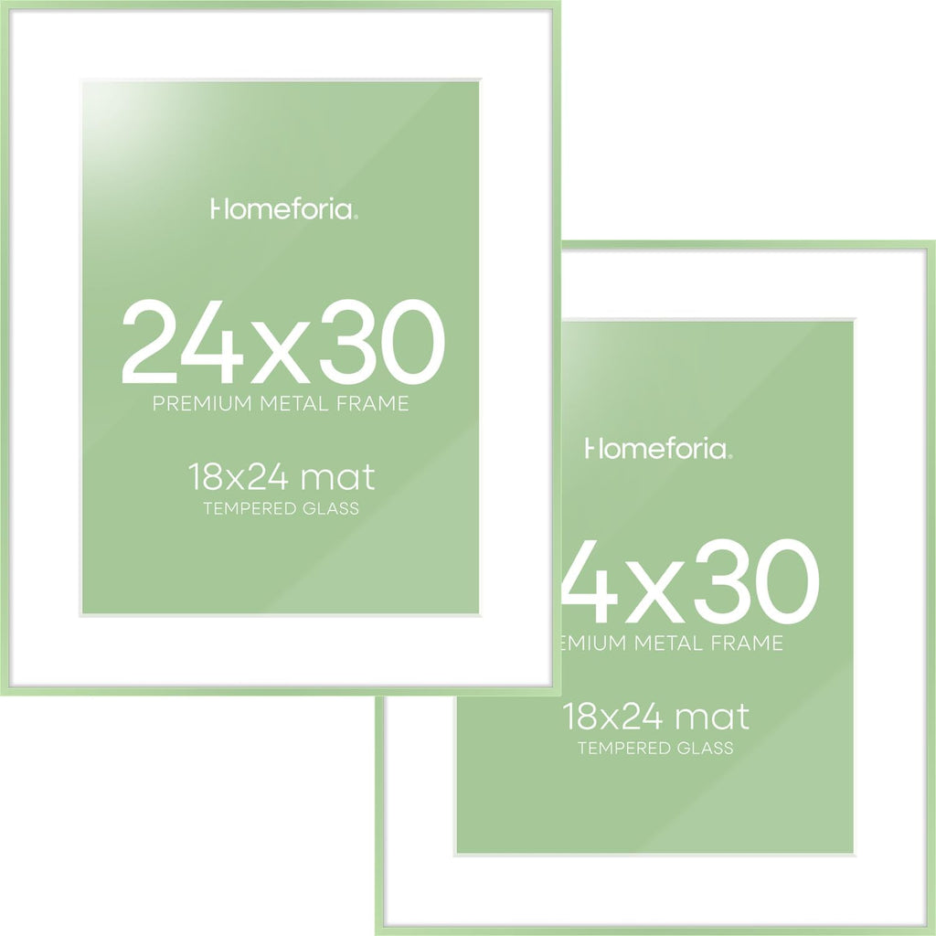 Homeforia 24x30 Frame Sage Green, High End Metal 24x30 Picture Frames with Mat 18x24 Photo, 24 x 30 Sage Green Poster Frame Matted to 18 by 24 Art, 30x24 Thin Frame, Tempered Glass, Wall Kit, Set of 2