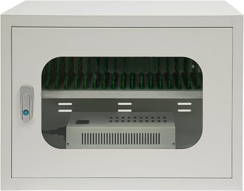 20 Device Charging Station Cabinet with Lock - 200W Multi-Port US Outlet for Phones & Tablets - Wall Mount/Desktop Secure Charging Locker for Schools, Gyms, Hotels - Tempered Glass Door (5V/2A Port)