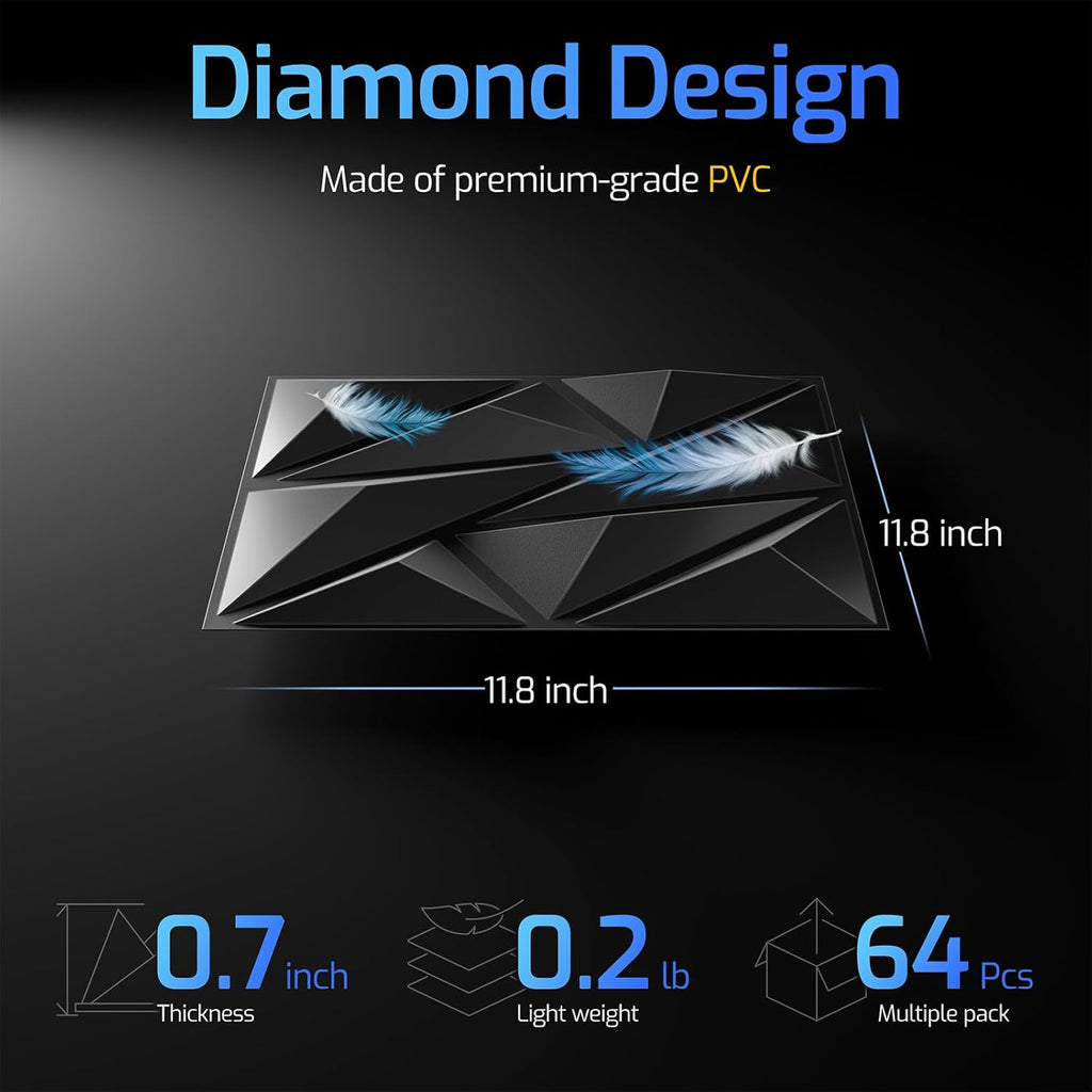 64 Pack 3D Wall Panels for Interior Wall Decor, 11.8'' x 11.8'' Decorative Wall Panels, Accent Wall Panels, 3D Diamond Design Wall Decor for Living Room, Bedroom, Gaming Room, Black