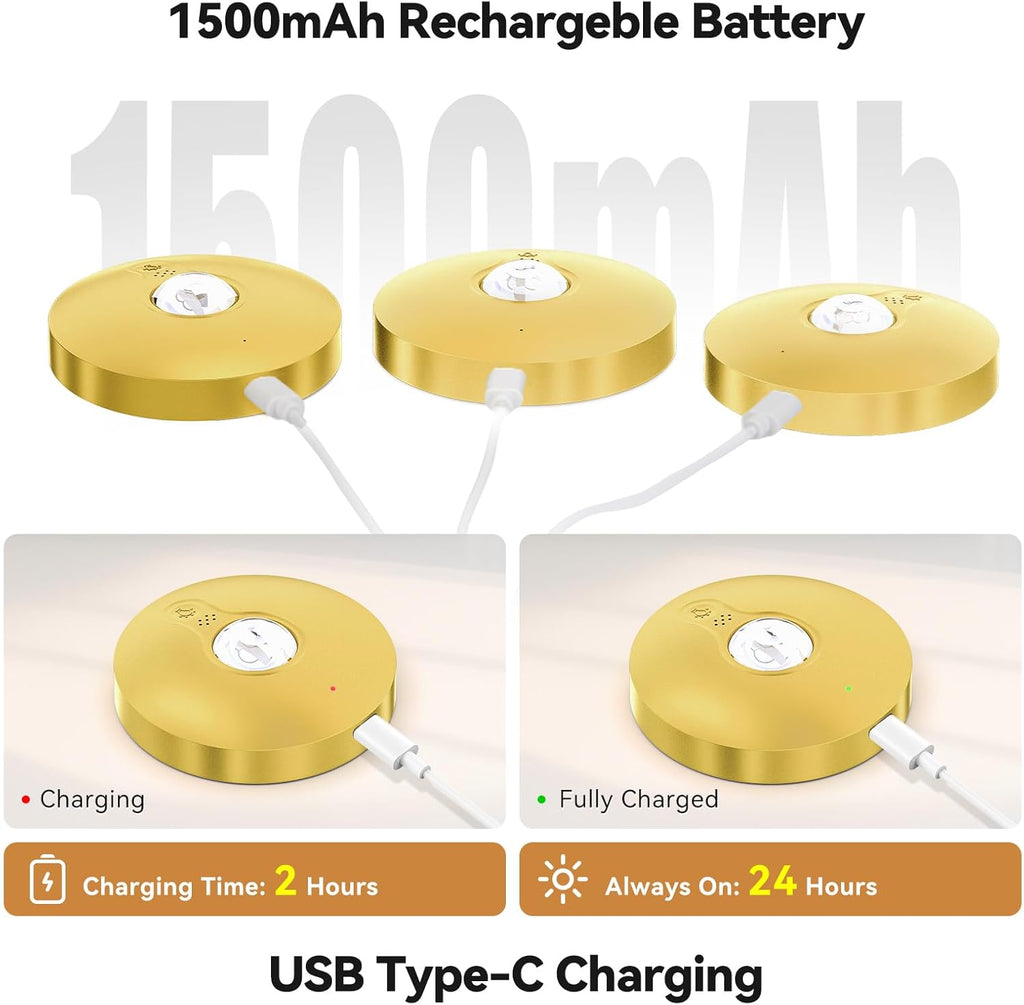 Yiliaw Rechargeable Puck Lights with Remote, 12 Pack Magnetic Under Cabinet Lighting, 1500mAh Battery Operated LED Tap Lights with Dimmer & Timmer for Kitchen, Closet, Shelf - 3 Color Temps, Gold