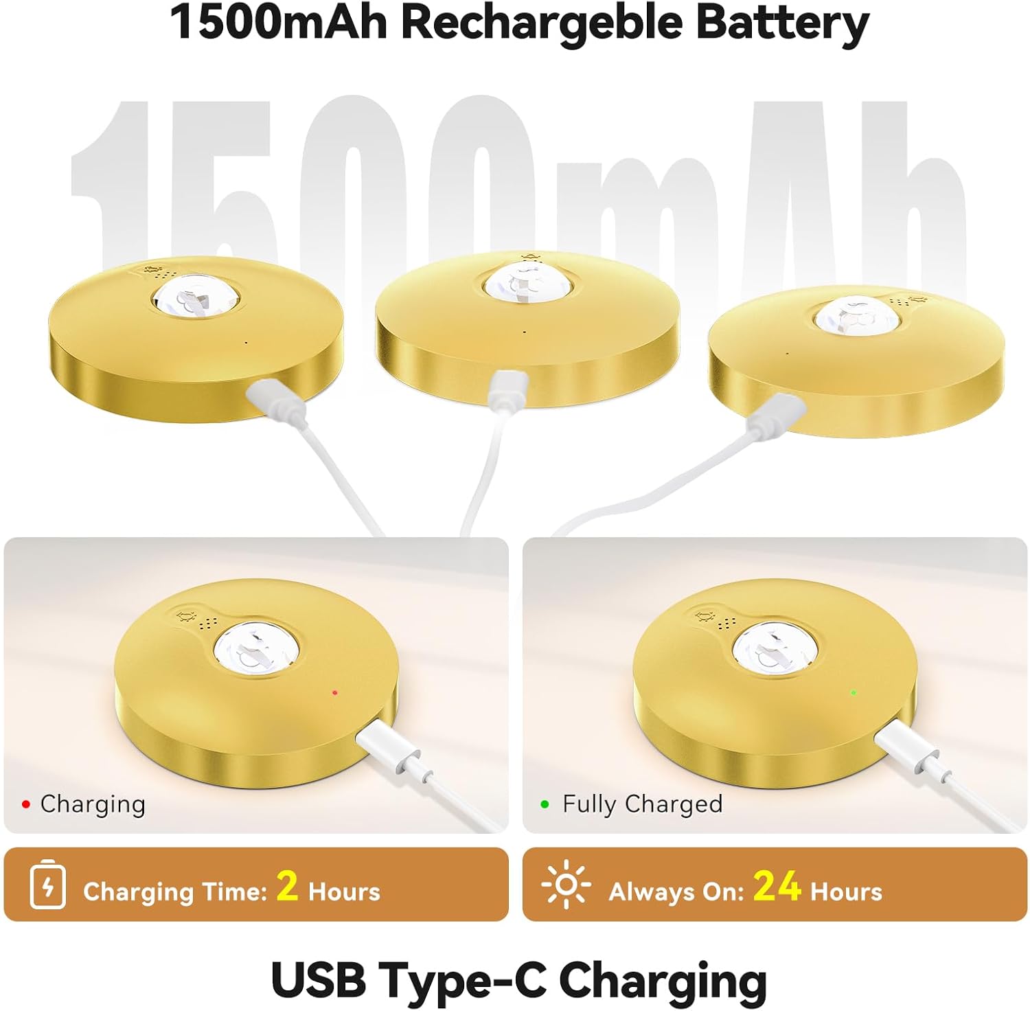 Yiliaw Rechargeable Puck Lights with Remote, 12 Pack Magnetic Under Cabinet Lighting, 1500mAh Battery Operated LED Tap Lights with Dimmer & Timmer for Kitchen, Closet, Shelf - 3 Color Temps, Gold