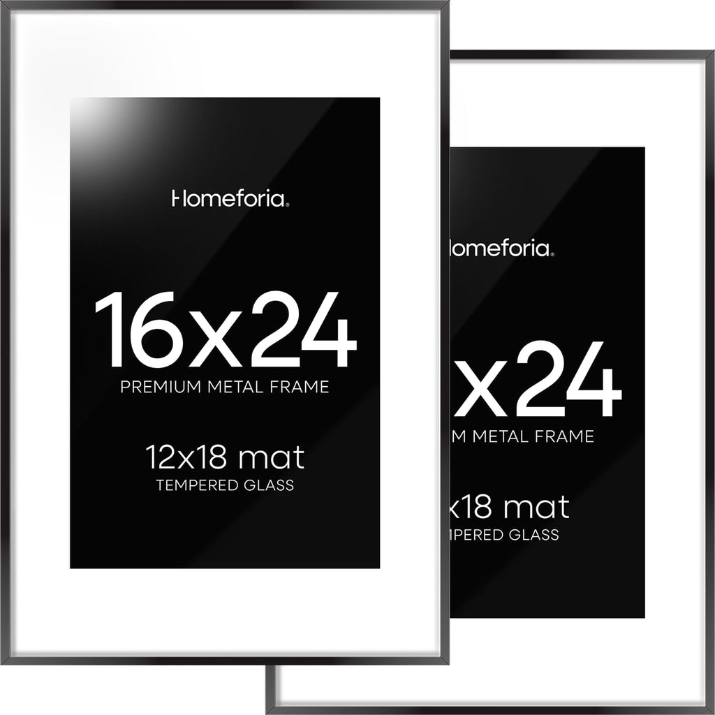 Homeforia 16 x 24 Picture Frame Black, High End Metal 24x16 Poster Frame, 16 x 24 Black Frames Matted to 12 by 18 inch Print, 24by16 Thin Frame with Mat 12x18 Photo, Tempered Glass, Wall Kit, Set of 2