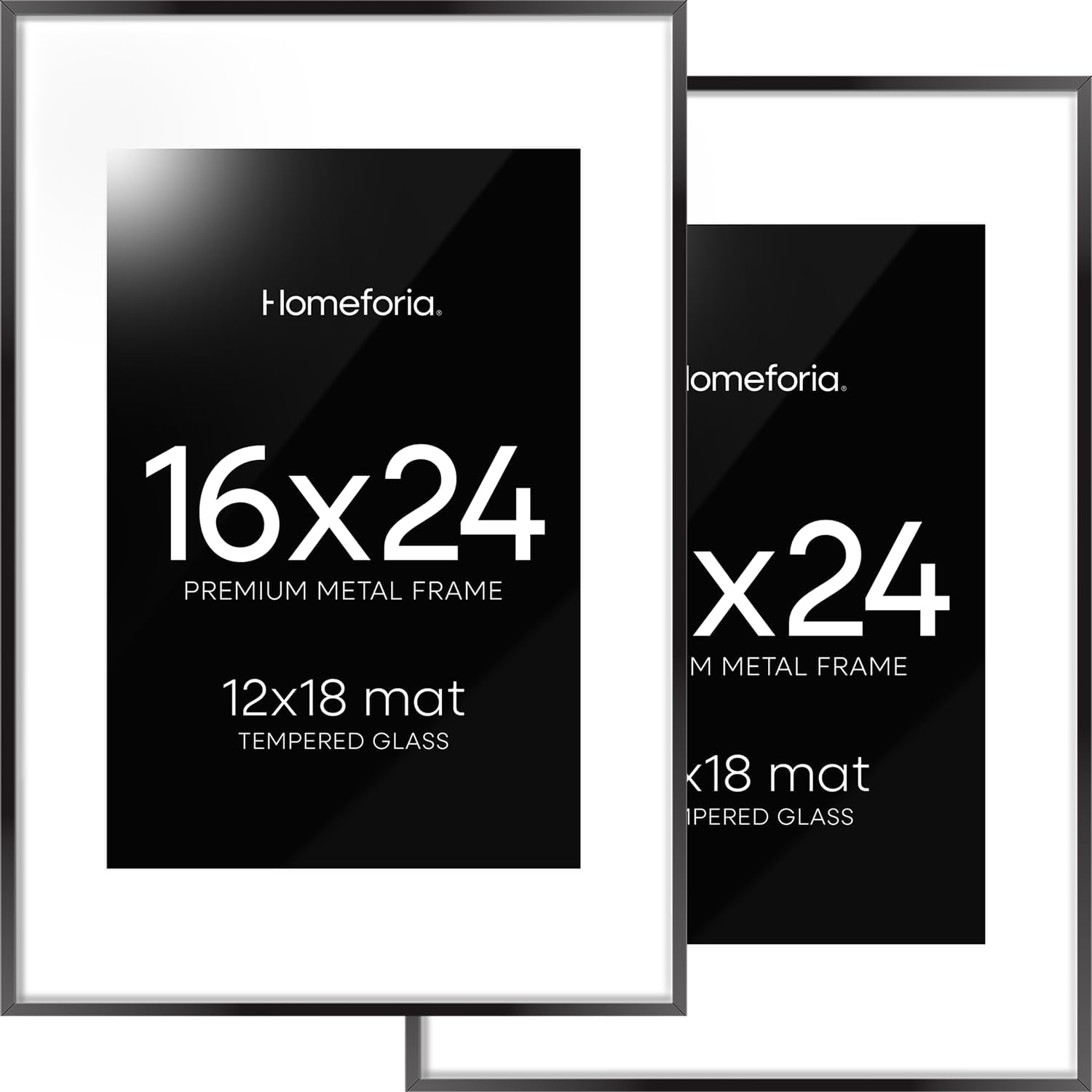 Homeforia 16 x 24 Picture Frame Black, High End Metal 24x16 Poster Frame, 16 x 24 Black Frames Matted to 12 by 18 inch Print, 24by16 Thin Frame with Mat 12x18 Photo, Tempered Glass, Wall Kit, Set of 2