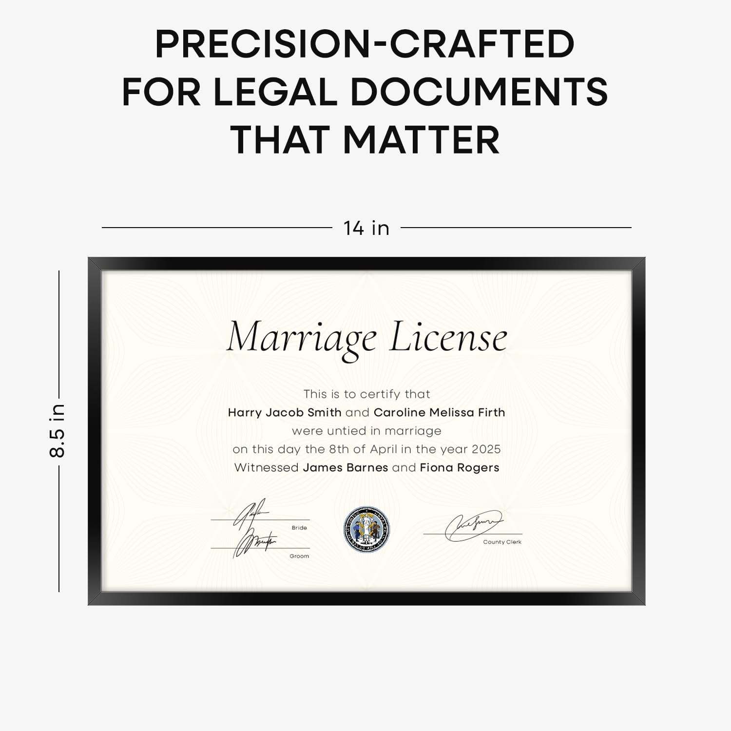 Homeforia 8.5 x 14 Marriage License Frame Black, High End Metal 8.5x14 Marriage Certificate Frames, 14x8.5 Picture Frame for Wall & Tabletop, 8.5 by 14 Photo Frames, Tempered Glass, Wall Kit, Set of 1