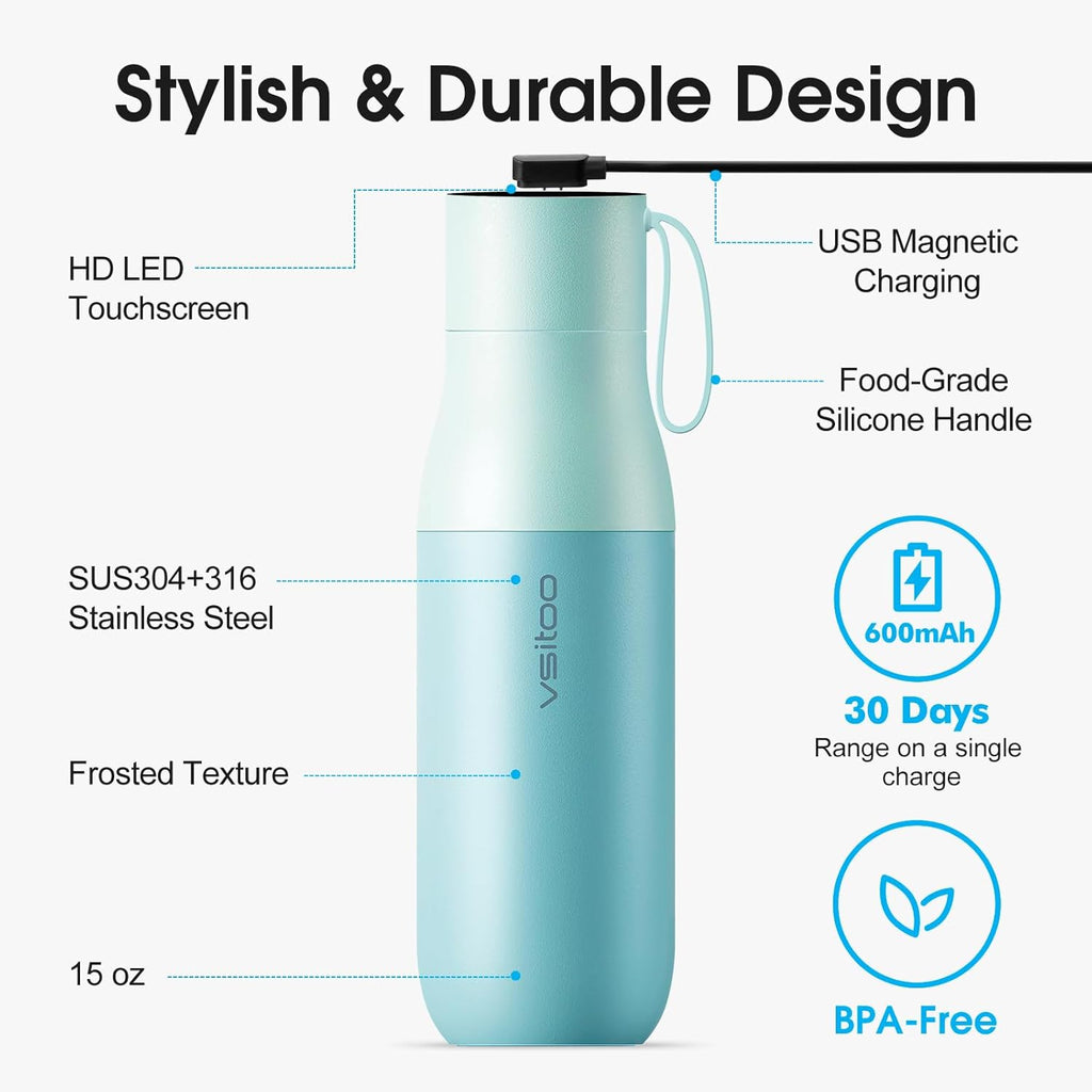 VSITOO 15oz Smart Self Cleaning Water Bottle，Insulated Water Bottle with Stainless Steel, BPA-Free, AI Self-Clean, 30-Day Battery, Magnetic Charging for Travel, Gym or Office, Blue