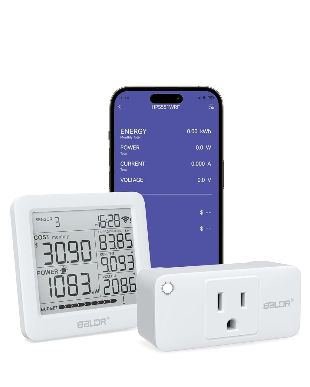 BALDR Wi-Fi Home Power Monitor Socket - Wifi Smart Outlet, Electricity Usage Meters Smart, Watt Meter, Home Energy Monitor, Plug In Power Meter, Need Hub to Work(Sold Separately) - 2.4GHZ Network Only