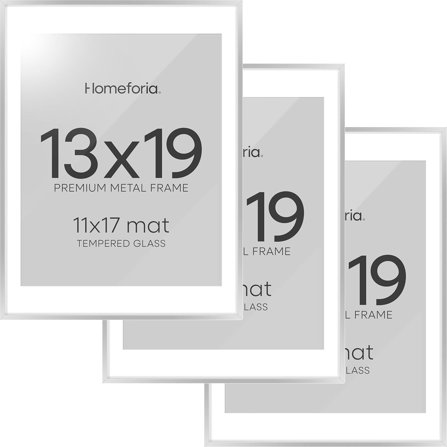 Homeforia 13 x 19 Frame Silver, High End Metal 13 x 19 Picture Frames with Mat 11 by 17 Photo, 13x19 Silver Poster Frame Matted to 11x17 Print, 19x13 Hanging Frames, Tempered Glass, Wall Kit, Set of 3